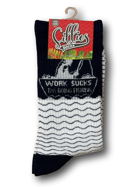 3/$18 Fishing "Work Sucks, I'm Going Fishing" Funny Novelty Crew Socks - NWT
